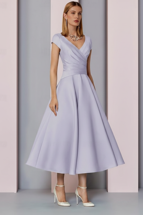 Lavender Satin A-Line Mother of the Bride Dress V Neck Tea Length Wedding Guest Dress - Prom Dresses