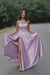 Lavender Aline Satin Long Prom Dresses with High Slit