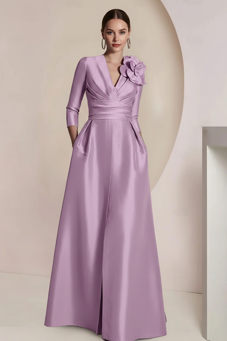 Lavender Satin V-Neck Mother of the Bride Dress with 3/4 Sleeves with Split Front