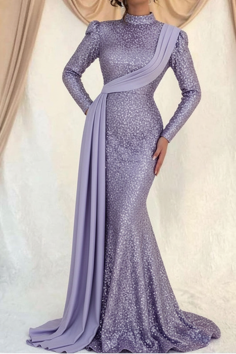 Lavender Sequins Long Sleeves High Collar Mermaid Prom Dress with Ruffle