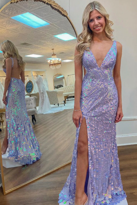 Lavender Sequins V Neck Backless Sleeveless High Slit Prom Dress