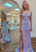 Lavender Sequins V Neck Backless Sleeveless High Slit Prom Dress
