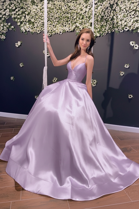 Lavender Simple A Line V Neck Backless Yellow Long Prom Dresses
