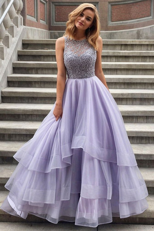 Lavender Sleeveless Scoop Tiered Tulle Prom Dress with Beads Long Formal Dress