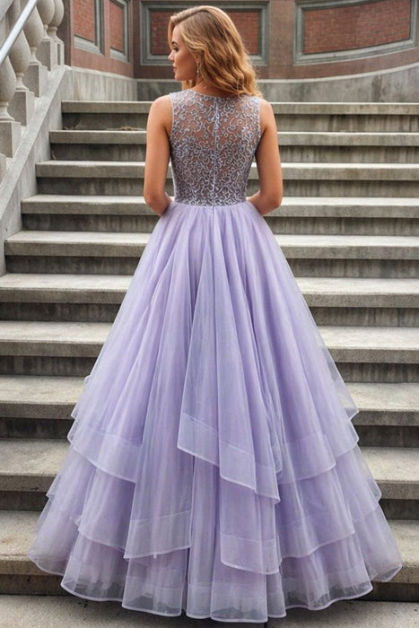 Lavender Sleeveless Scoop Tiered Tulle Prom Dress with Beads Long Formal Dress