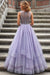 Lavender Sleeveless Scoop Tiered Tulle Prom Dress with Beads Long Formal Dress