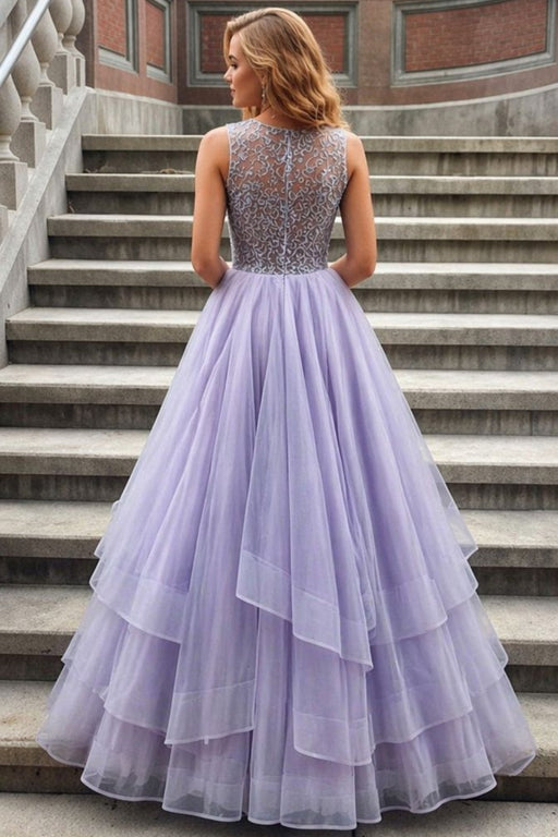 Lavender Sleeveless Scoop Tiered Tulle Prom Dress with Beads Long Formal Dress