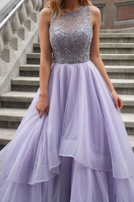 Lavender Sleeveless Scoop Tiered Tulle with Beads Prom Long Formal Dress - Prom Dresses