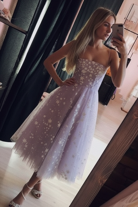 Lavender Spaghetti Strap Tea Length Tulle Homecoming Dress Midi Prom Dresses - Prom Dresses