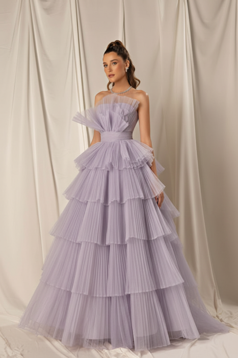 Lavender Strapless Mermaid Evening Gown with Layers and Sleeveless Design