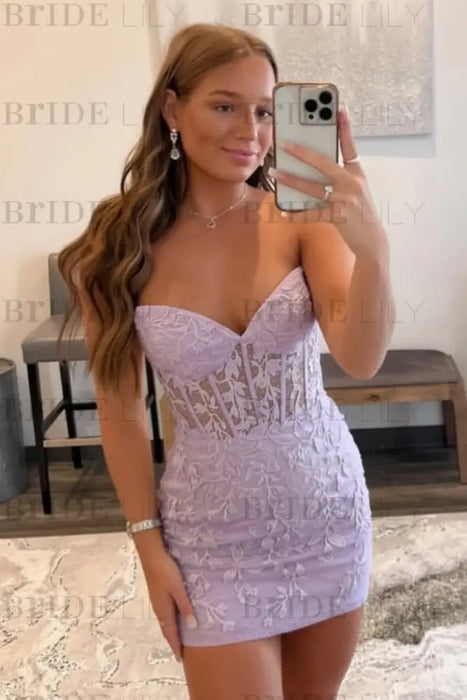 Lavender Strapless Beaded Short Lace Prom Dresses Sweetheart Tight Homecoming Dresses