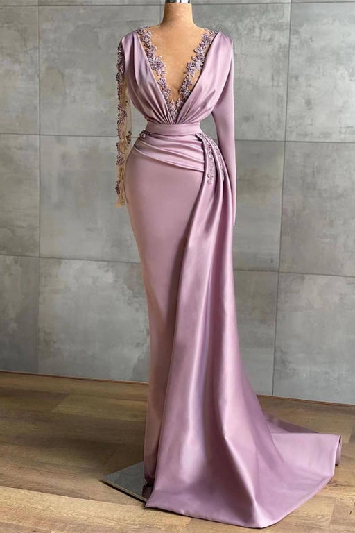 Lavender V Neck Ruffles Prom Dress with Long Sleeves and Applique Mermaid Fit