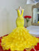 Lemon Yellow Mermaid Prom Dress with Spaghetti Straps and Lace Ruffles