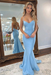 Light Blue Backless Mermaid Prom Dress Long V Neck