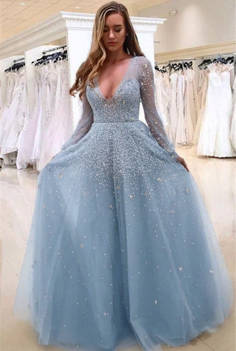 Light Blue Bridelily A-line Long Sleeves V-neck Floor-length Tulle Pearls Prom Dresses