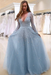 Light Blue Bridelily A-line Long Sleeves V-neck Floor-length Tulle Pearls Prom Dresses