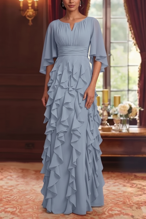 Light Blue Chiffon Mother of the Bride Dress Flutter Sleeves with Cascading Ruffles