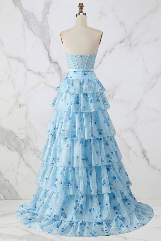 Light Blue Floral Strapless A-Line Long Prom Dress