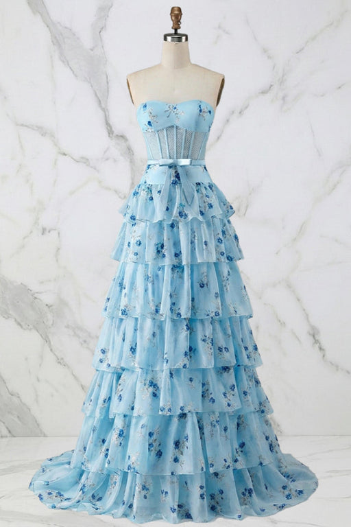 Light Blue Floral Strapless A-Line Long Prom Dress