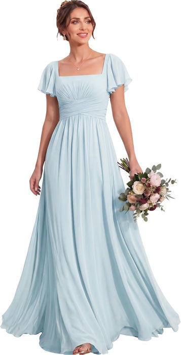 Bridelily Women's Flutter Sleeves Bridesmaid Dresses Square Neck Chiffon Maxi Dres - Light Blue