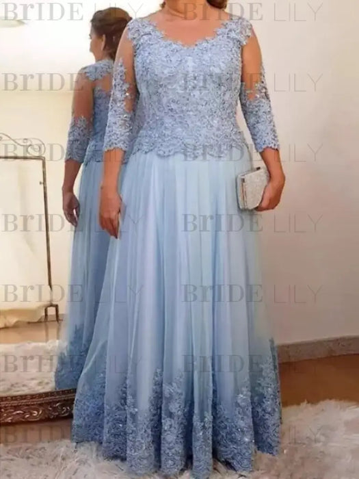 Light blue lace and tulle gown, front view on plus size model