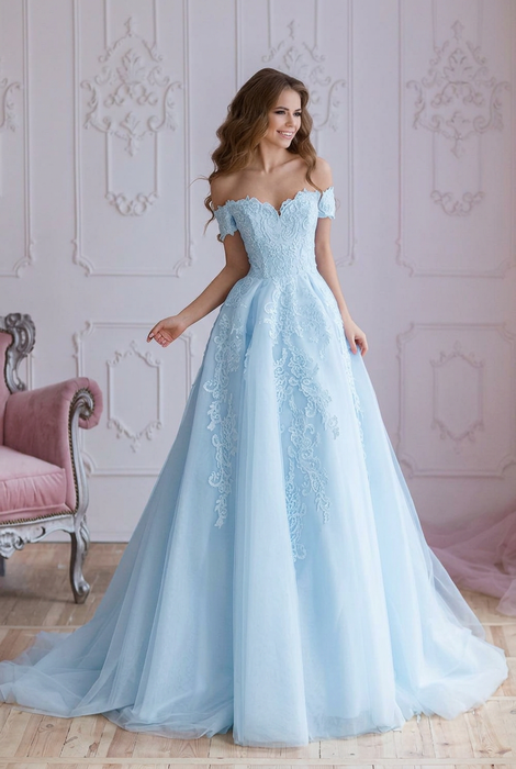 Off Shoulder Lace Prom Dress - Light Blue