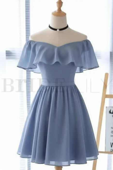 Light Blue Off Shoulder Homecoming Dress| Short Chiffon Graduation Dress -Bridelily Light Blue Off Shoulder Homecoming Dress| Short Chiffon Graduation Dress -Bridelily