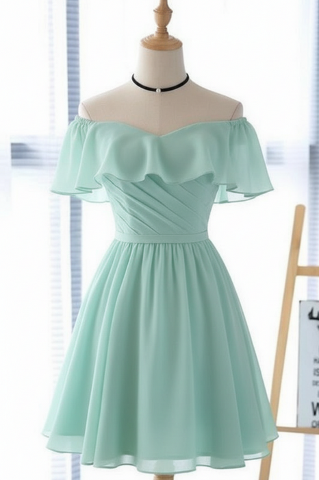 Mint Off the Shoulder Chiffon Homecoming Cute Short Graduation Dress - Prom Dresses