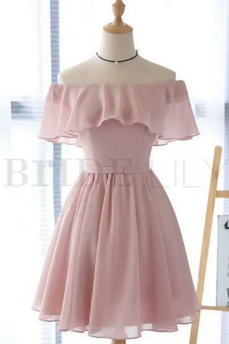 Light Blue Off Shoulder Homecoming Dress| Short Chiffon Graduation Dress -Bridelily Light Blue Off Shoulder Homecoming Dress| Short Chiffon Graduation Dress -Bridelily