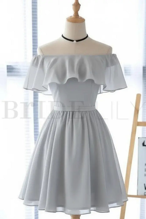 Light Blue Off Shoulder Homecoming Dress| Short Chiffon Graduation Dress -Bridelily Light Blue Off Shoulder Homecoming Dress| Short Chiffon Graduation Dress -Bridelily