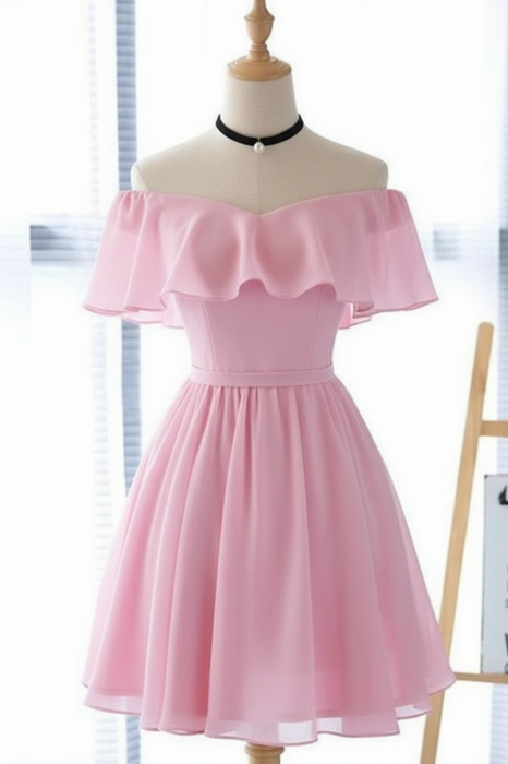 Candy Pink Off the Shoulder Chiffon Homecoming Cute Short Graduation Dress - Prom Dresses
