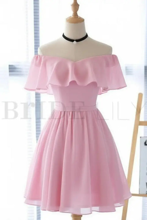 Candy Pink Off the Shoulder Chiffon Homecoming Cute Short Graduation Dress - Prom Dresses