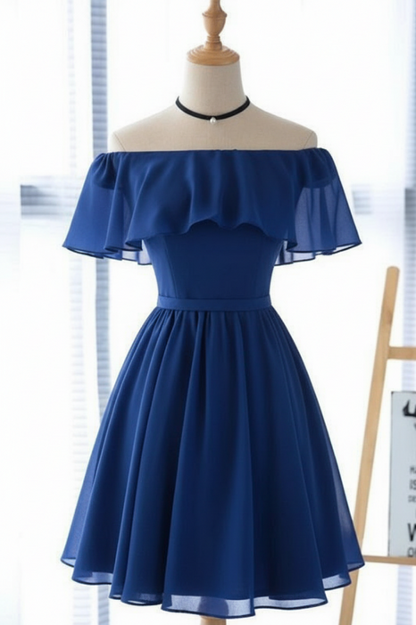 Royal Blue Off the Shoulder Chiffon Homecoming Cute Short Graduation Dress - Prom Dresses