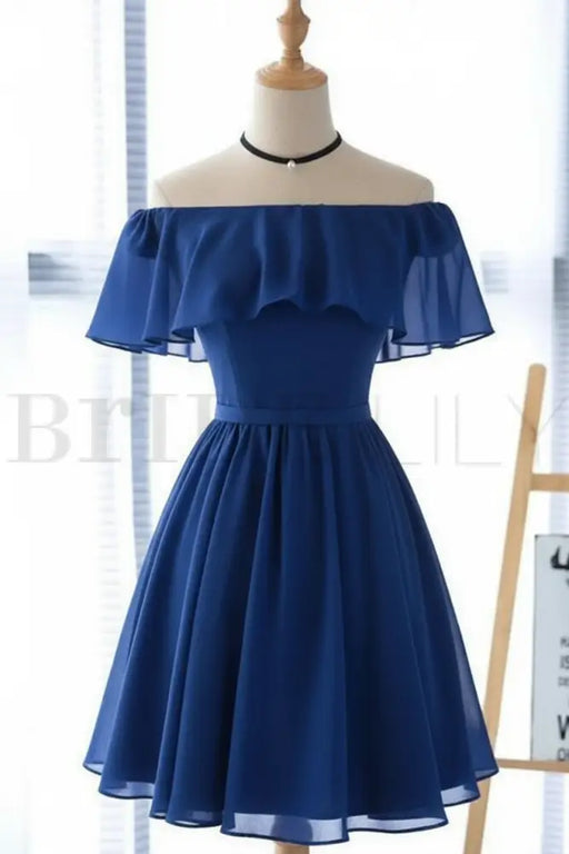 Royal Blue Off the Shoulder Chiffon Homecoming Cute Short Graduation Dress - Prom Dresses