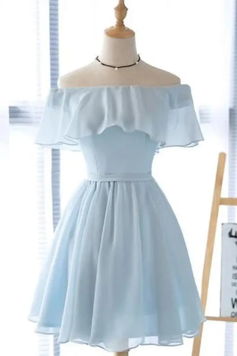 Light Blue Off Shoulder Homecoming Dress| Short Chiffon Graduation Dress -Bridelily Light Blue Off Shoulder Homecoming Dress| Short Chiffon Graduation Dress -Bridelily