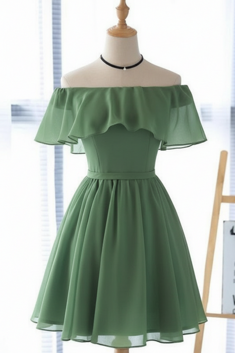 Sage Off the Shoulder Chiffon Homecoming Cute Short Graduation Dress - Prom Dresses