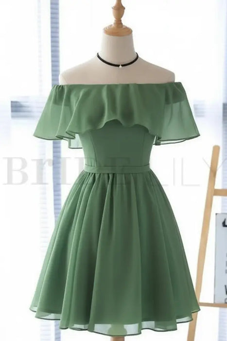 Sage Off the Shoulder Chiffon Homecoming Cute Short Graduation Dress - Prom Dresses