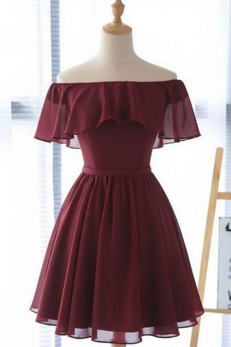 Burgundy Off the Shoulder Chiffon Homecoming Cute Short Graduation Dress - Prom Dresses