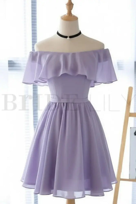 Light Blue Off Shoulder Homecoming Dress| Short Chiffon Graduation Dress -Bridelily Light Blue Off Shoulder Homecoming Dress| Short Chiffon Graduation Dress -Bridelily