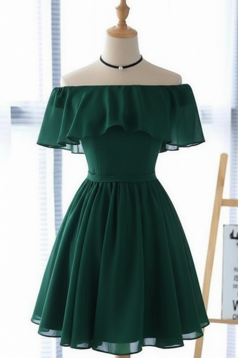 Emerald Green Off the Shoulder Chiffon Homecoming Cute Short Graduation Dress - Prom Dresses