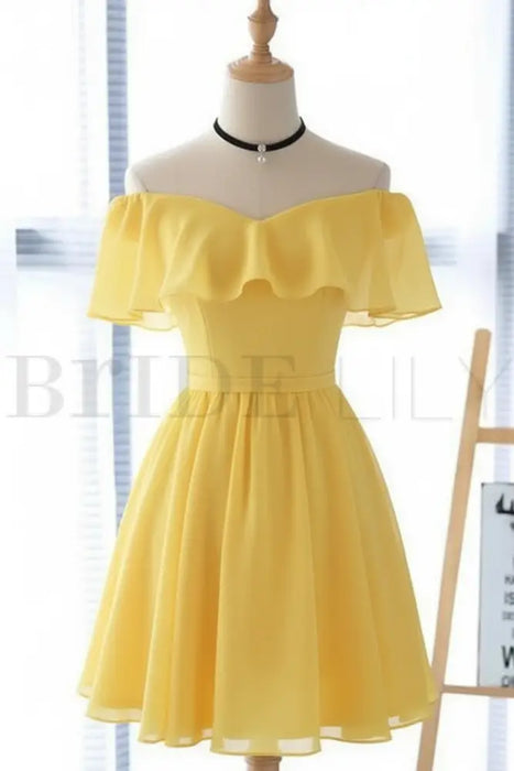 Yellow Off the Shoulder Chiffon Homecoming Cute Short Graduation Dress - Prom Dresses