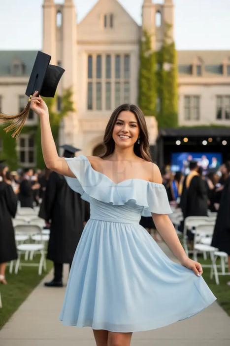 Light Blue Off Shoulder Homecoming Dress| Short Chiffon Graduation Dress -Bridelily Light Blue Off Shoulder Homecoming Dress| Short Chiffon Graduation Dress -Bridelily