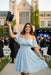 Light Blue Off the Shoulder Chiffon Homecoming Cute Short Graduation Dress - Prom Dresses
