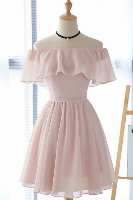 Blush Pink Off the Shoulder Chiffon Homecoming Cute Short Graduation Dress - Prom Dresses