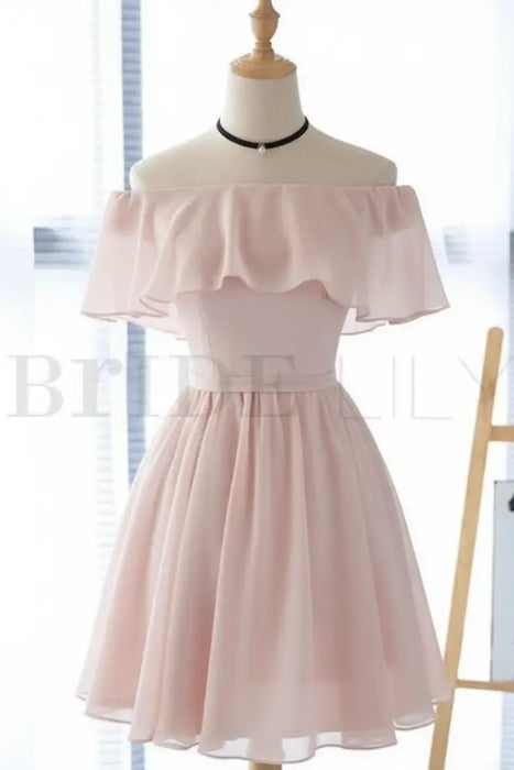 Blush Pink Off the Shoulder Chiffon Homecoming Cute Short Graduation Dress - Prom Dresses