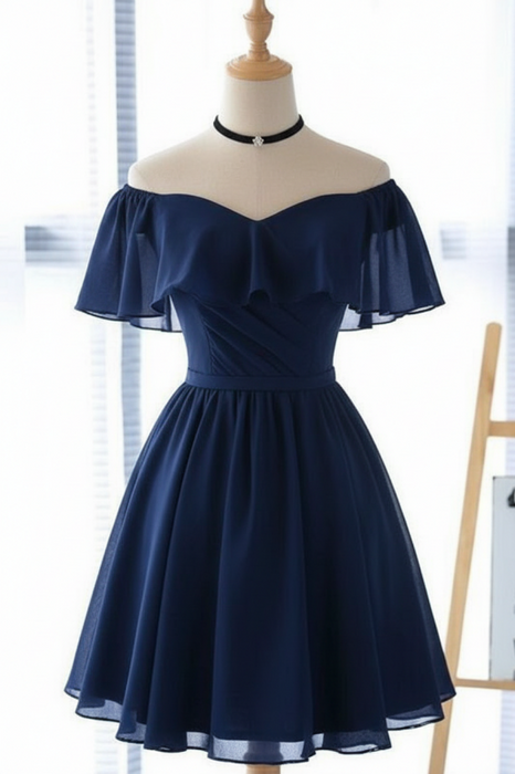 Navy Off the Shoulder Chiffon Homecoming Cute Short Graduation Dress - Prom Dresses