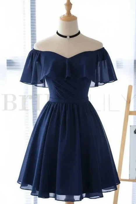 Navy Off the Shoulder Chiffon Homecoming Cute Short Graduation Dress - Prom Dresses
