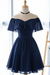 Navy Off the Shoulder Chiffon Homecoming Cute Short Graduation Dress - Prom Dresses