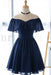 Navy Off the Shoulder Chiffon Homecoming Cute Short Graduation Dress - Prom Dresses