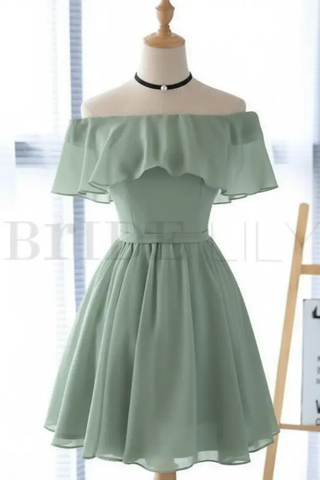 Dusty Sage Off the Shoulder Chiffon Homecoming Cute Short Graduation Dress - Prom Dresses